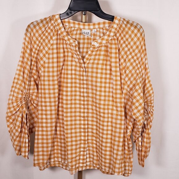 GAP Yellow Gingham‎ Ruched Sleeve Top SZ L - Picture 1 of 10